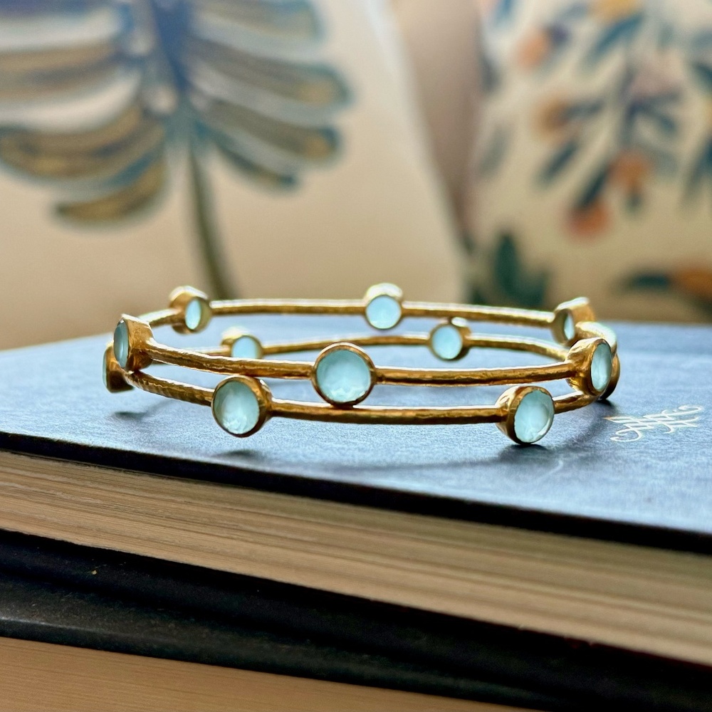 Set of 2 Julie Vos Milano Bangle Bracelets- Aqua Chalcedony Gemstone- EUC Small
